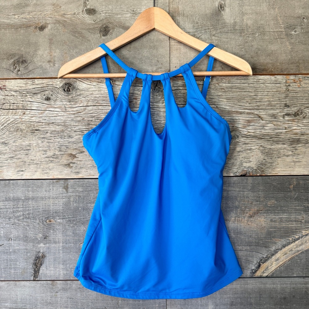 La Blanca Island Goddess Keyhole High Neck Tankini Swim Top 6 Electric Blue Pool